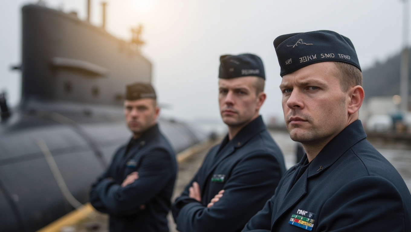 Three Russian Navy Sailors Dressed in blue with peaked caps standing before a Russian Submarine.